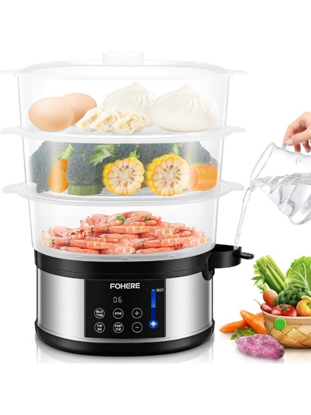 Versatile 13.7QT Electric Food Steamer - Stackable BPA-Free 3-Tier Design, 800W